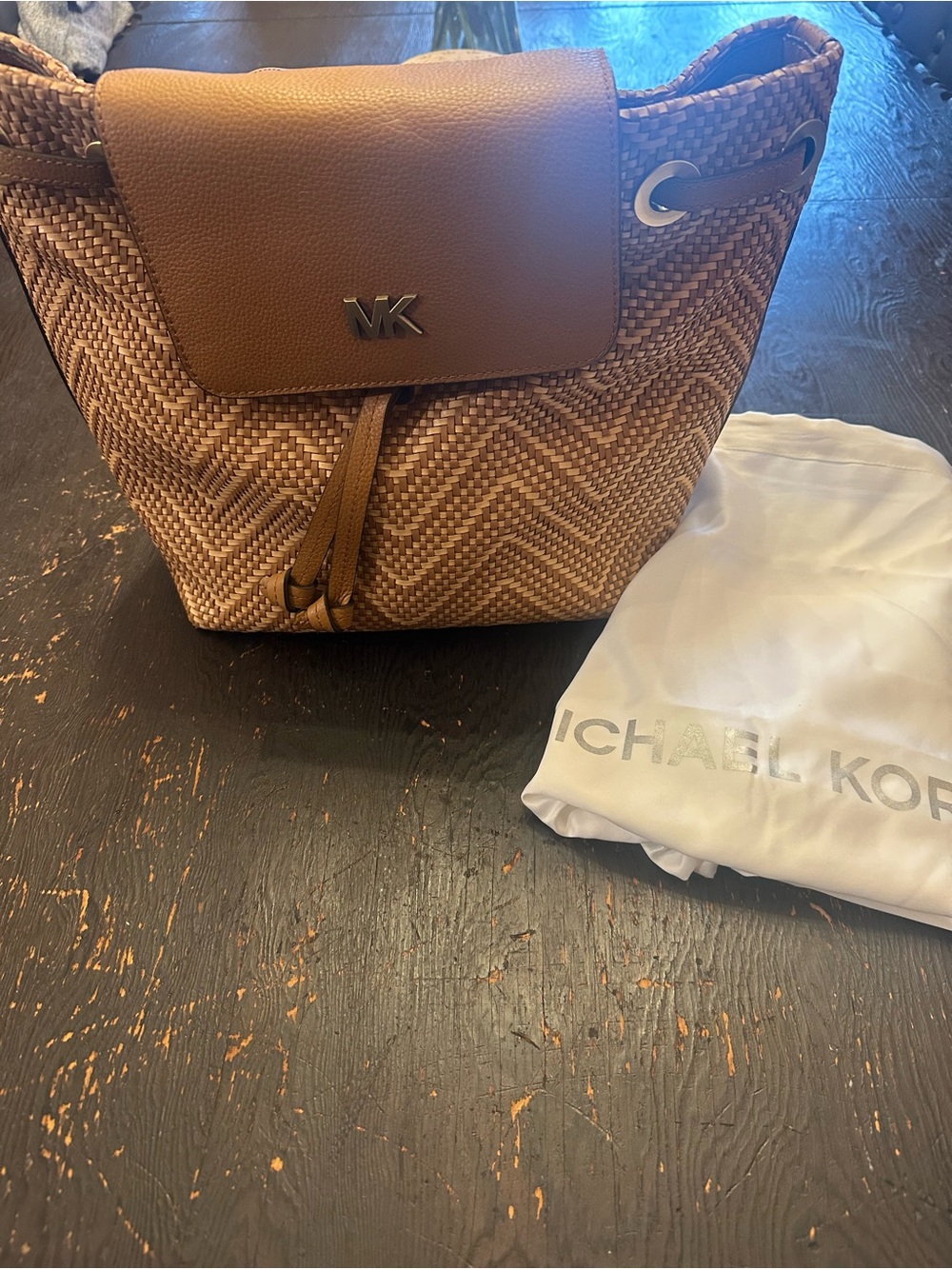Michael Kors Tan/Brown Woven Chevron Drawstring Bucket Bag - Picture 5 of 6